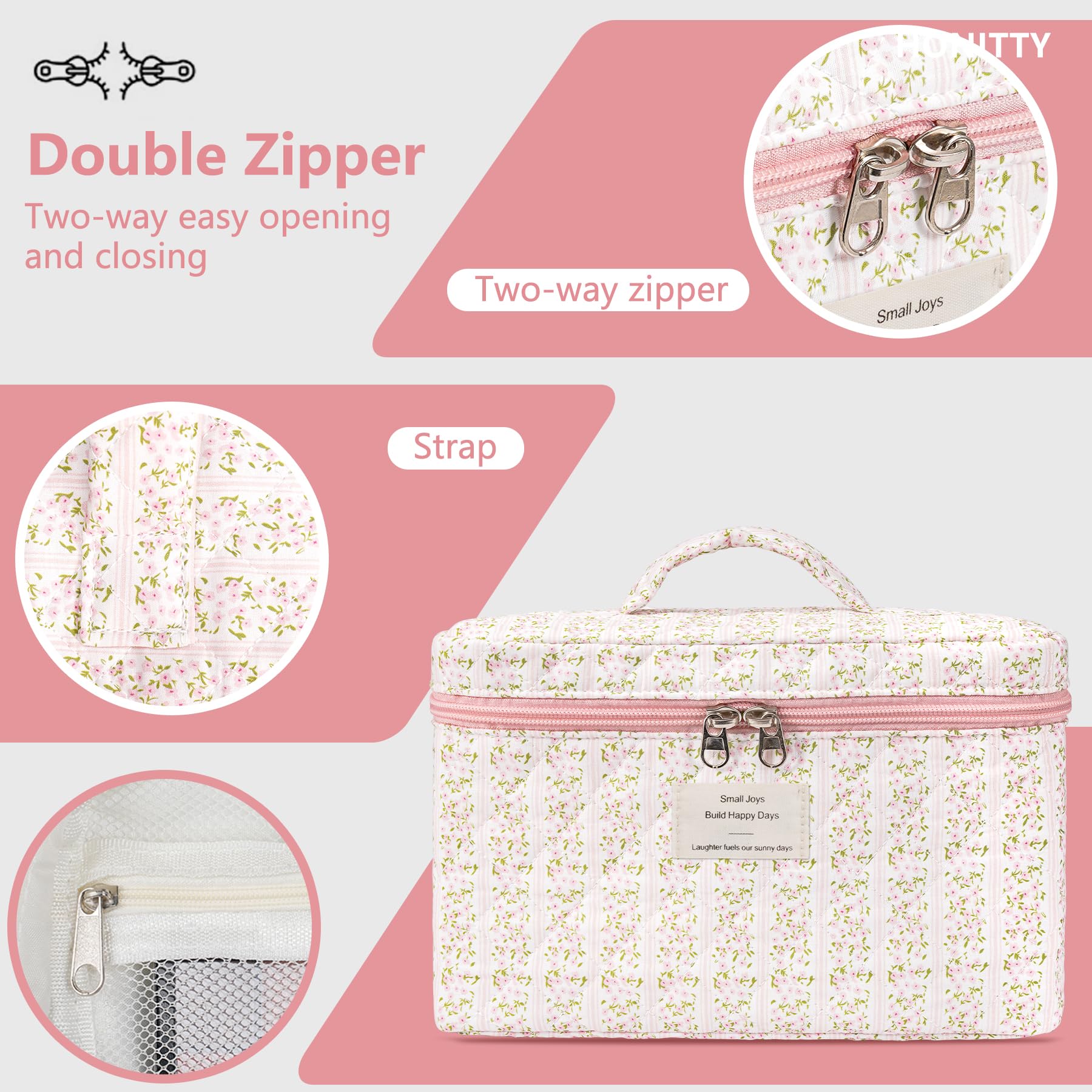 Honitty travel toiletry bag features floral design and smooth zipper.