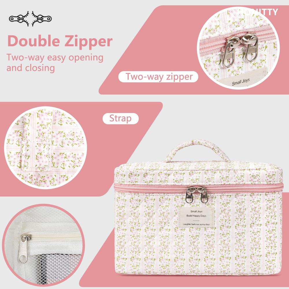 Honitty travel toiletry bag features floral design and smooth zipper.
