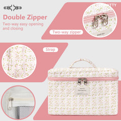 Honitty travel toiletry bag features floral design and smooth zipper.