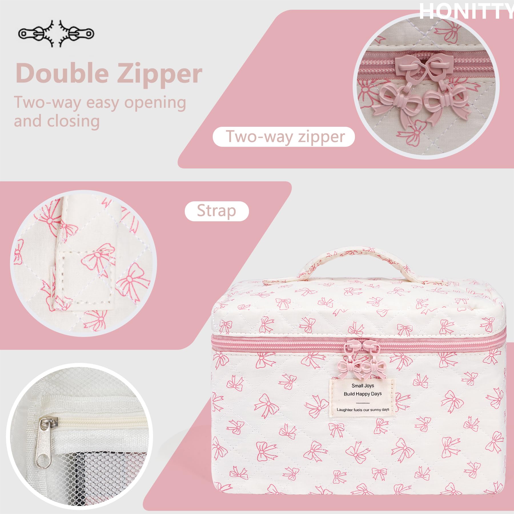 Honitty upgraded-zip floral cosmetic bag offers smoother opening daily.