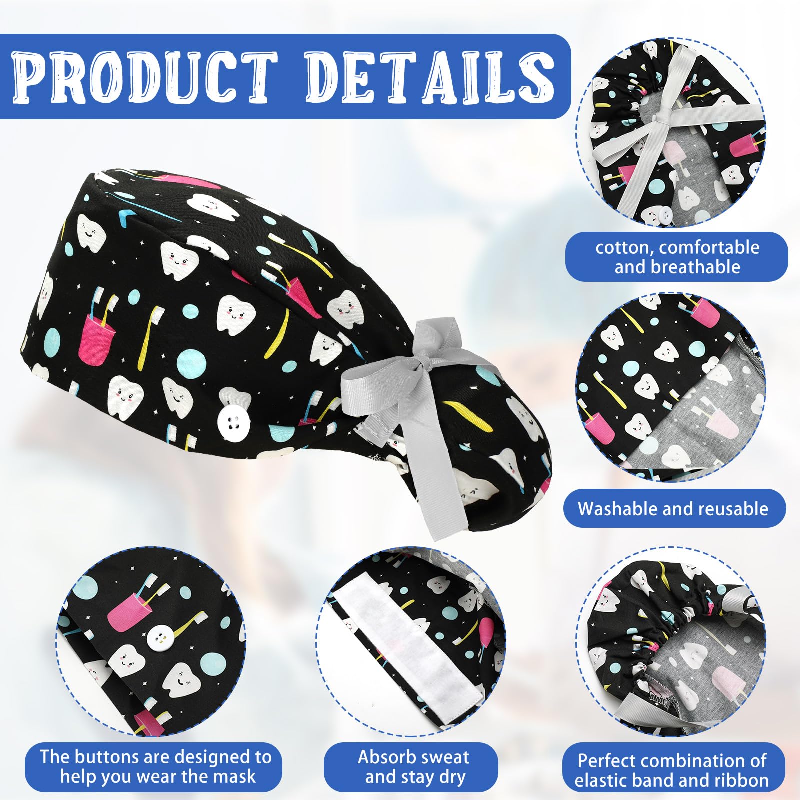 Honoson dental scrub cap pattern 3 features ponytail opening ideal for busy clinic days.
