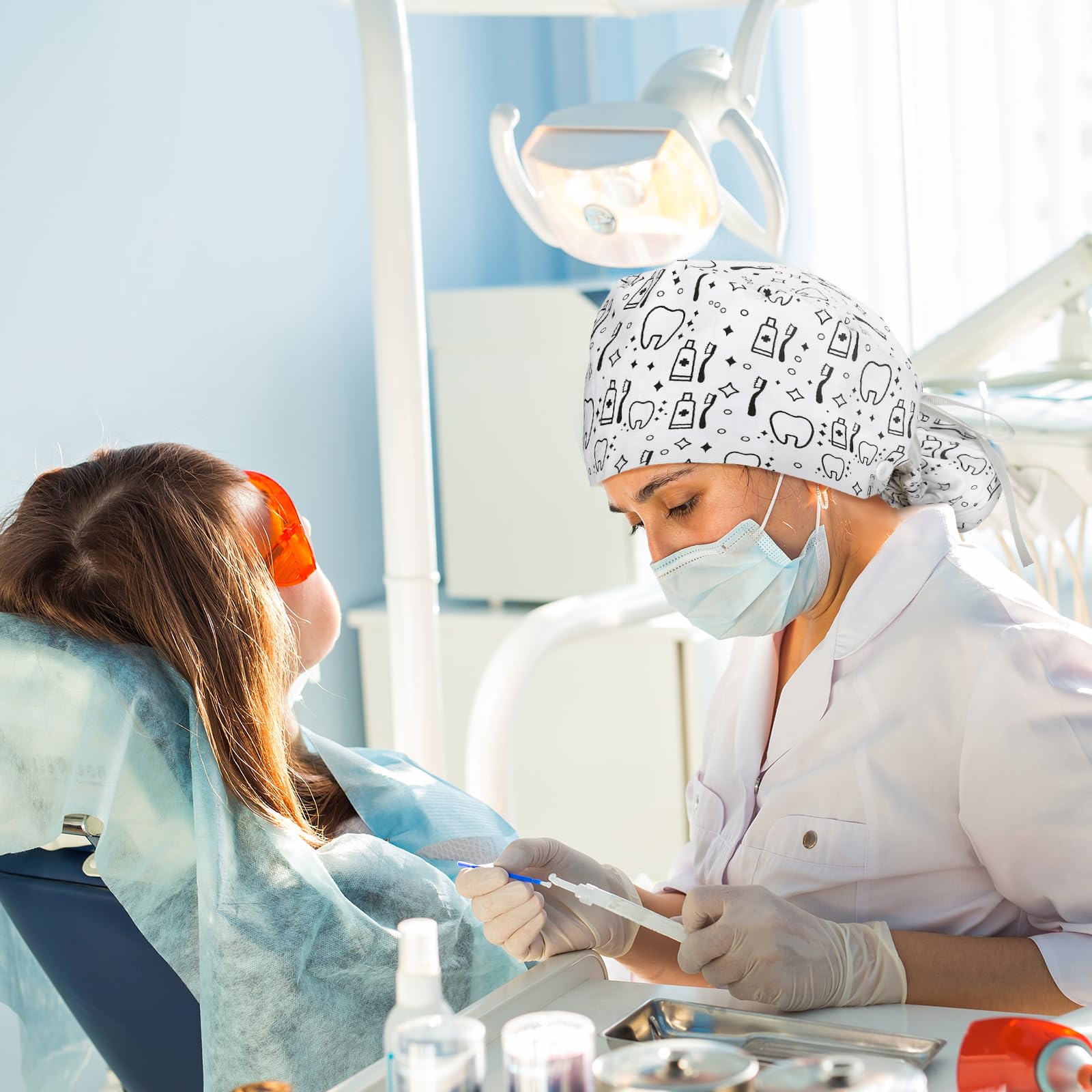 Honoson scrub cap pattern 7 vivid print provides hair containment and style.