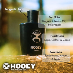 HOOEY men's cologne leather-sandalwood bottle conveys rugged sophistication.