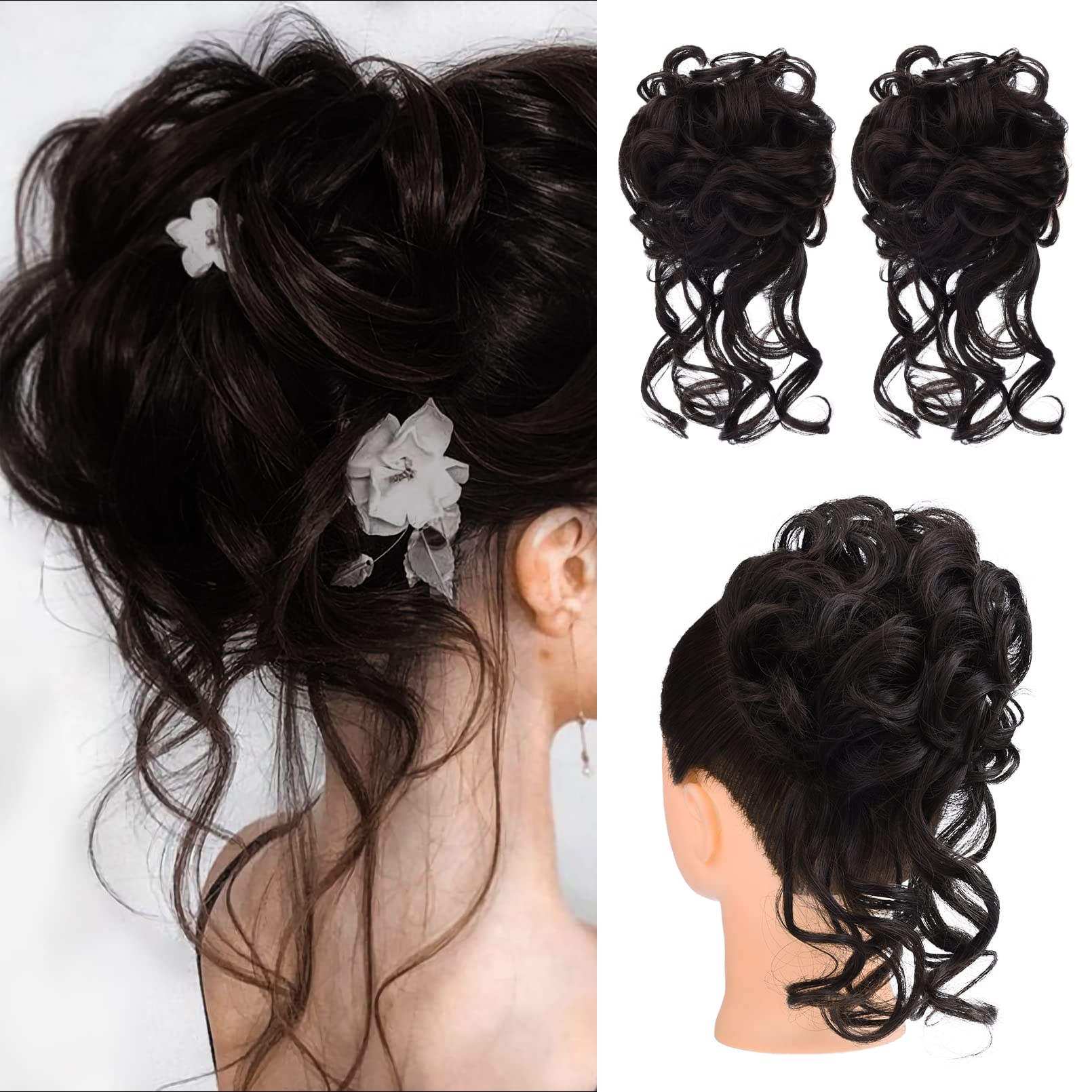 HOOJIH Messy Bun 2PCS Daisy BlackBrown offers a natural-looking updo.