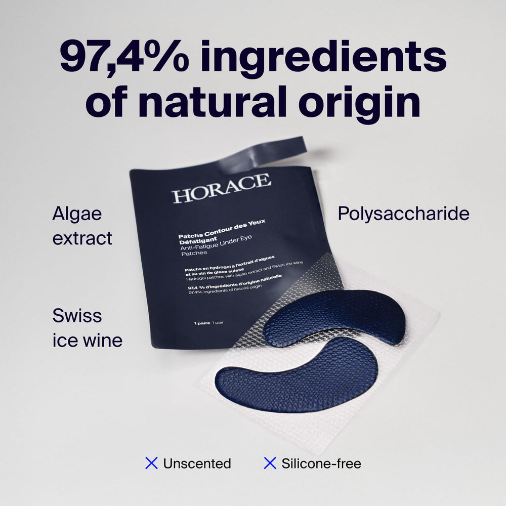 Horace under-eye patches being applied for a soothing hydration routine.