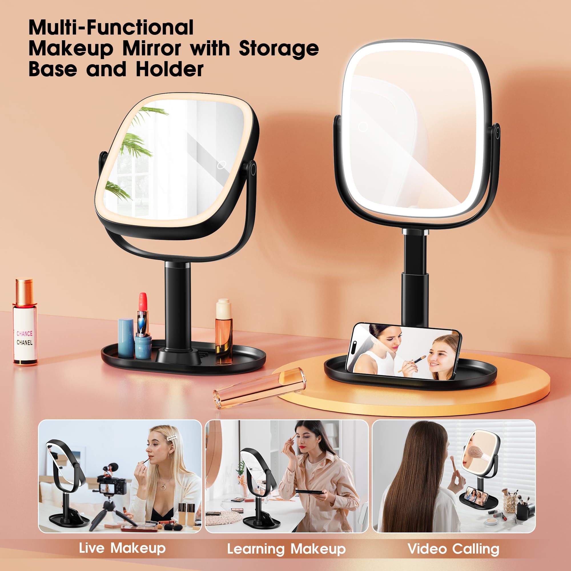 Horyliin magnifying mirror with storage base keeps essentials organized on your vanity.