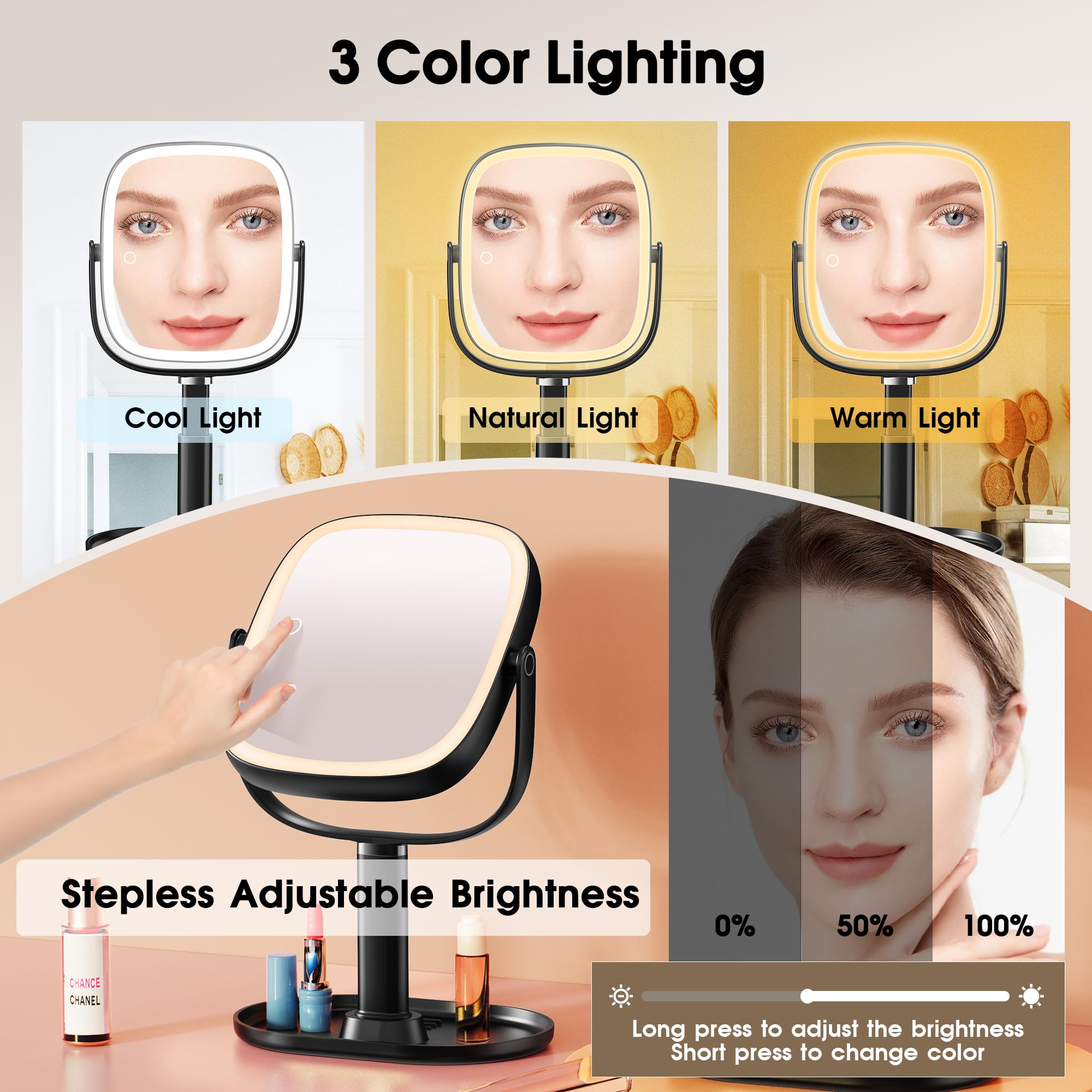 Horyliin rechargeable LED makeup mirror ensures cordless use during morning routines.