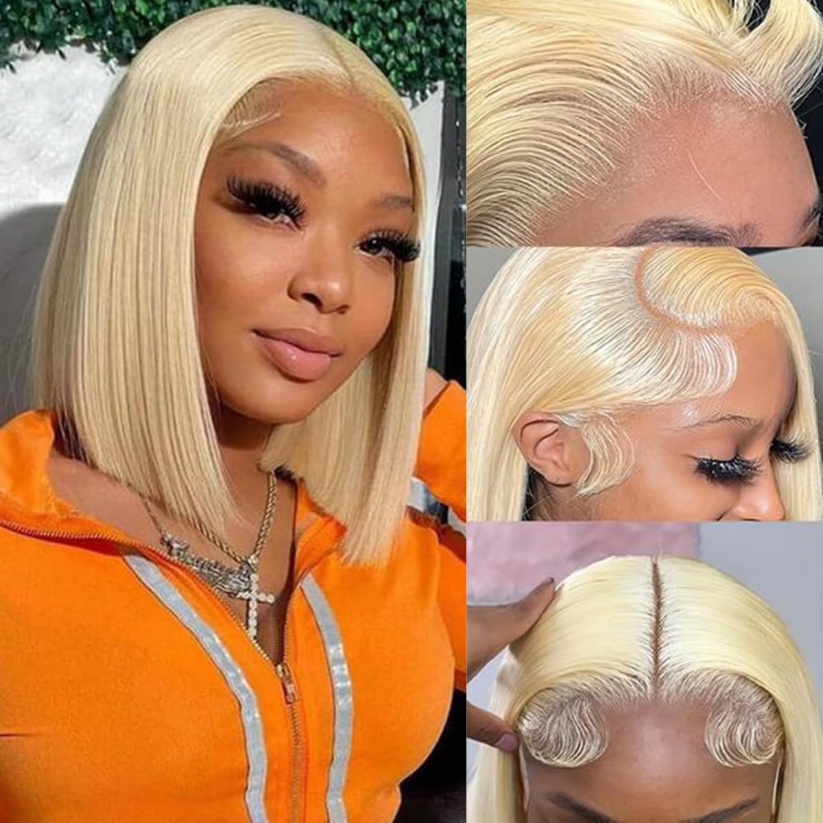 Hoscod Blonde Bob Wig front view shows natural hairline and 180 density.