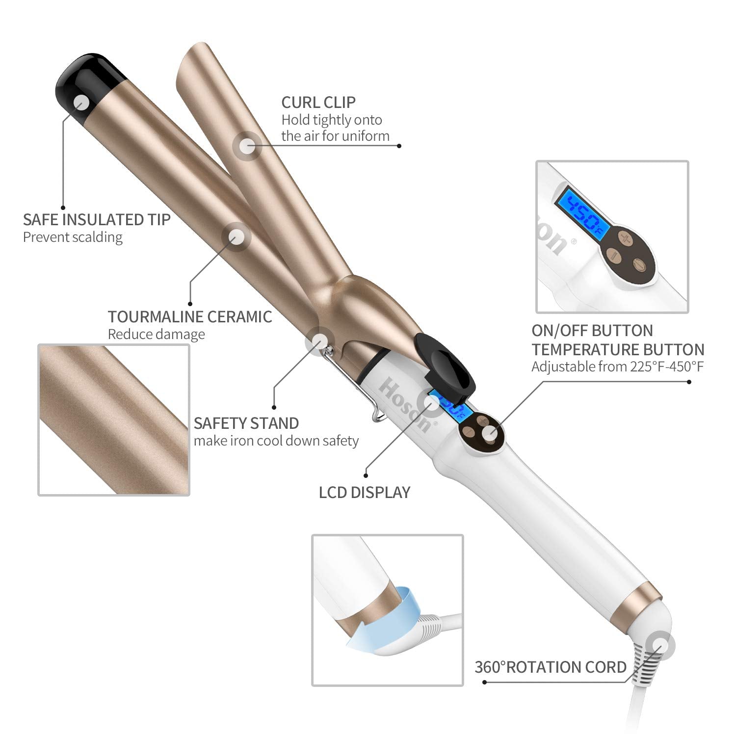 Hoson curling iron with glove included for safer, more comfortable styling sessions.
