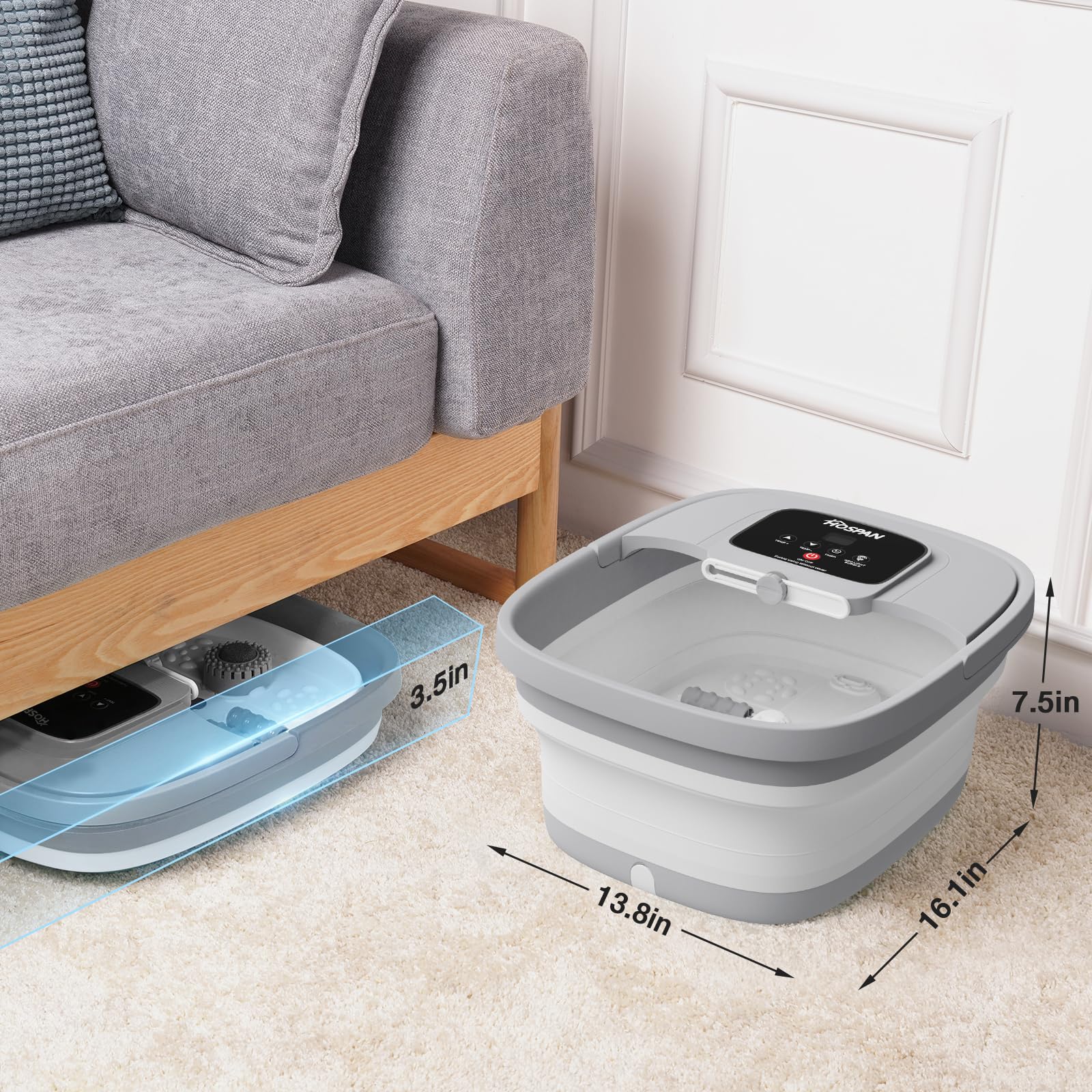 HOSPAN foot spa with easy-drain handle for safe water disposal.