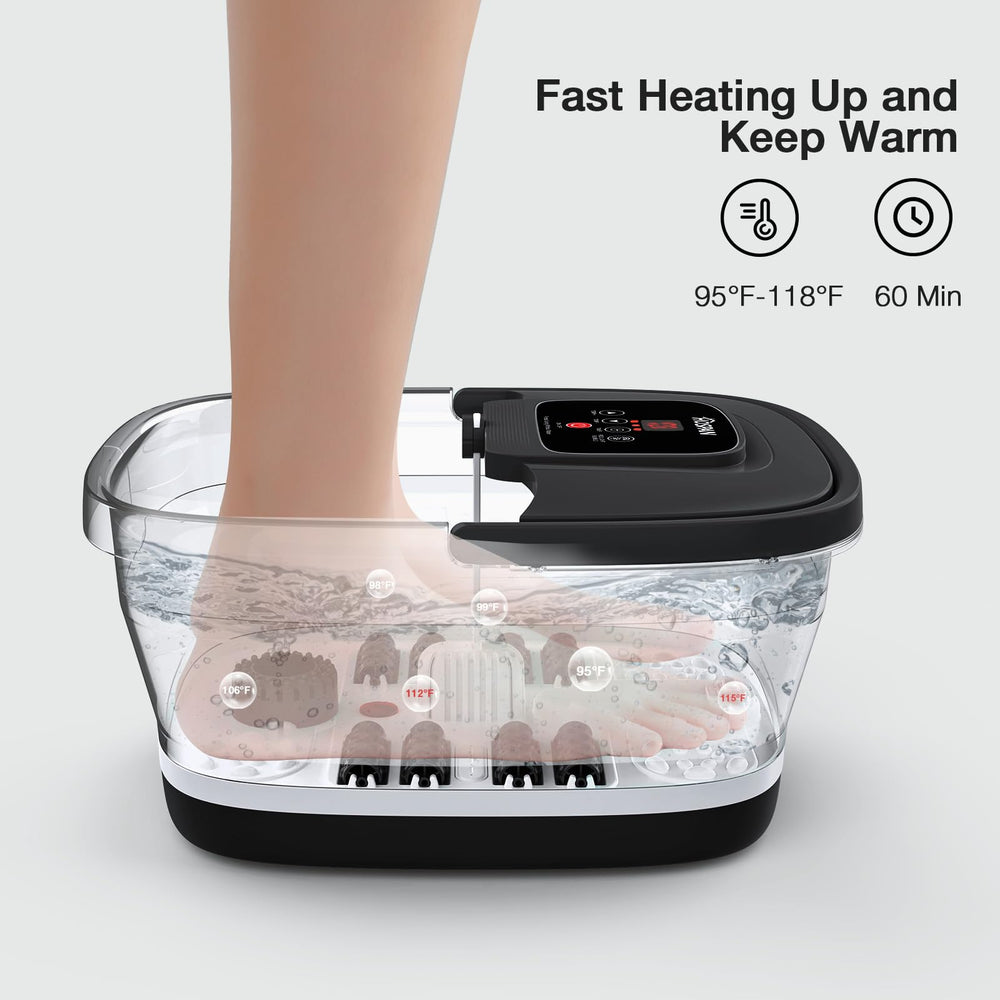 HOSPAN foot spa showing temperature control and timer for customizable soaks.