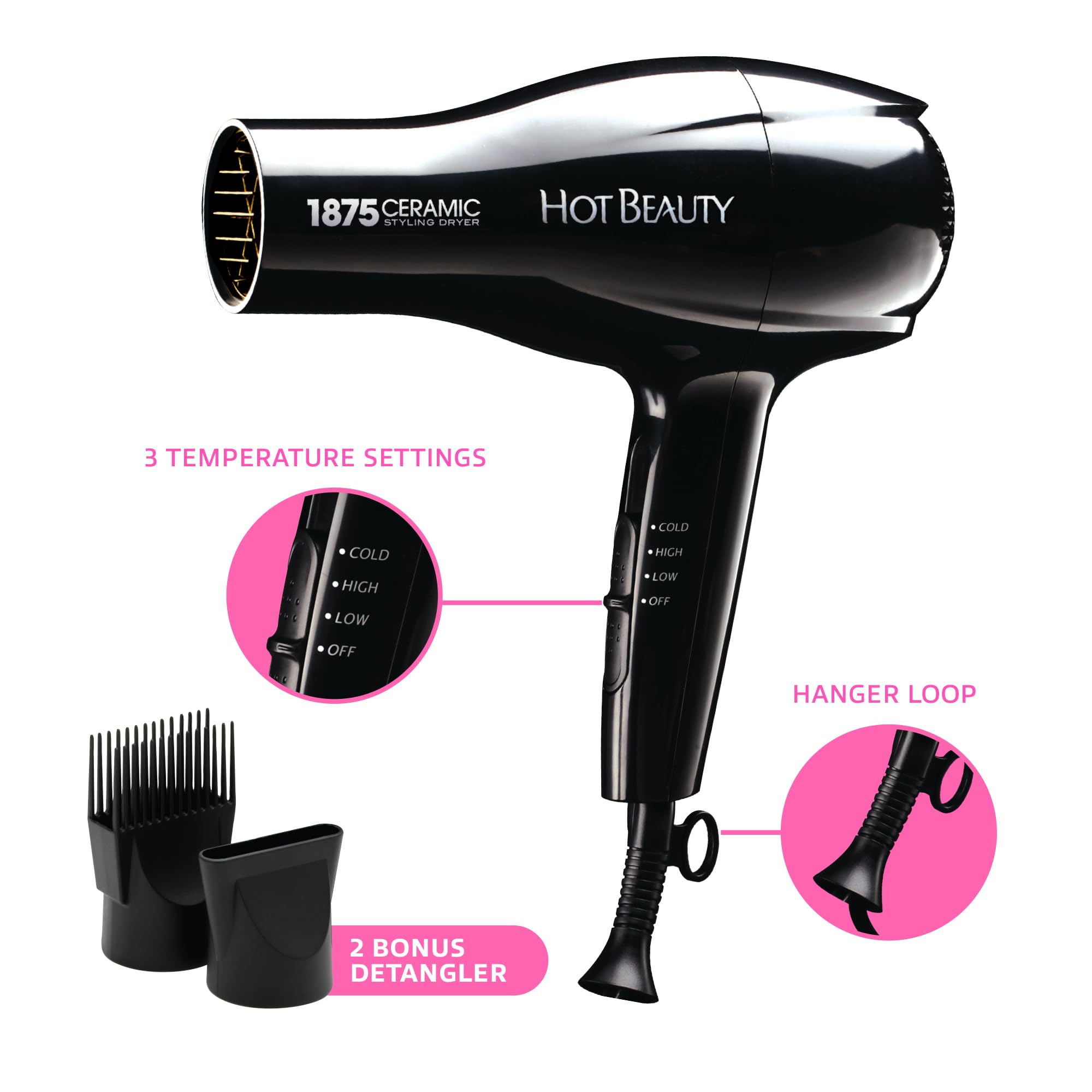 Hot Beauty 1875 Ceramic Styler Dryer cool shot button for setting styles.