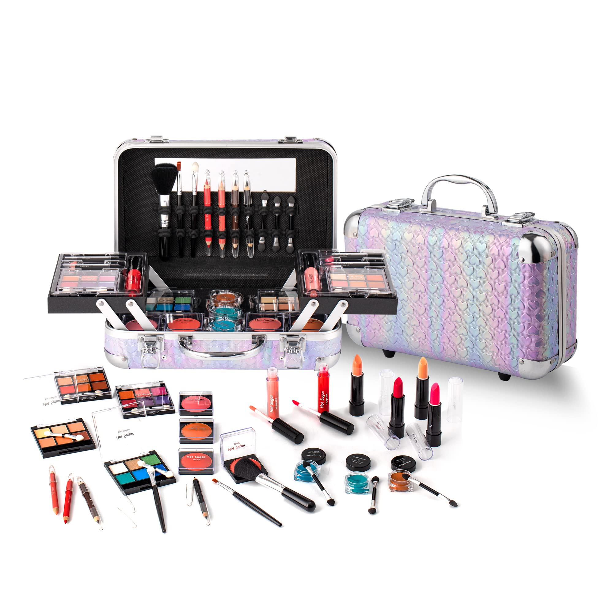 Hot Sugar All In One Makeup Set built-in mirror aids quick checks.