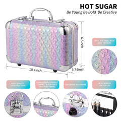 Hot Sugar All In One Makeup Set train case mirror keeps cosmetics organized for travel.