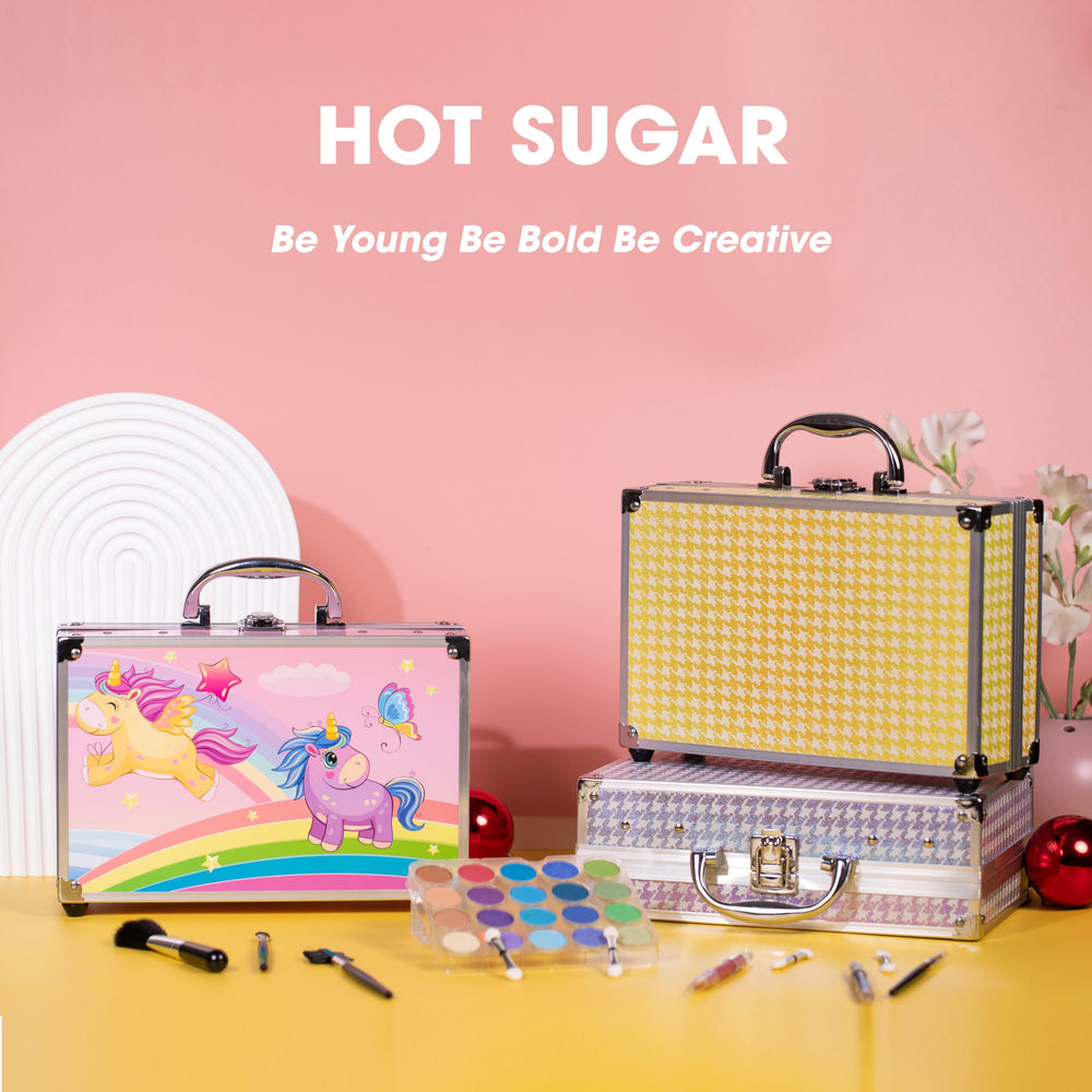 Hot Sugar aluminum train case detail highlights sturdy frame and unicorn flair