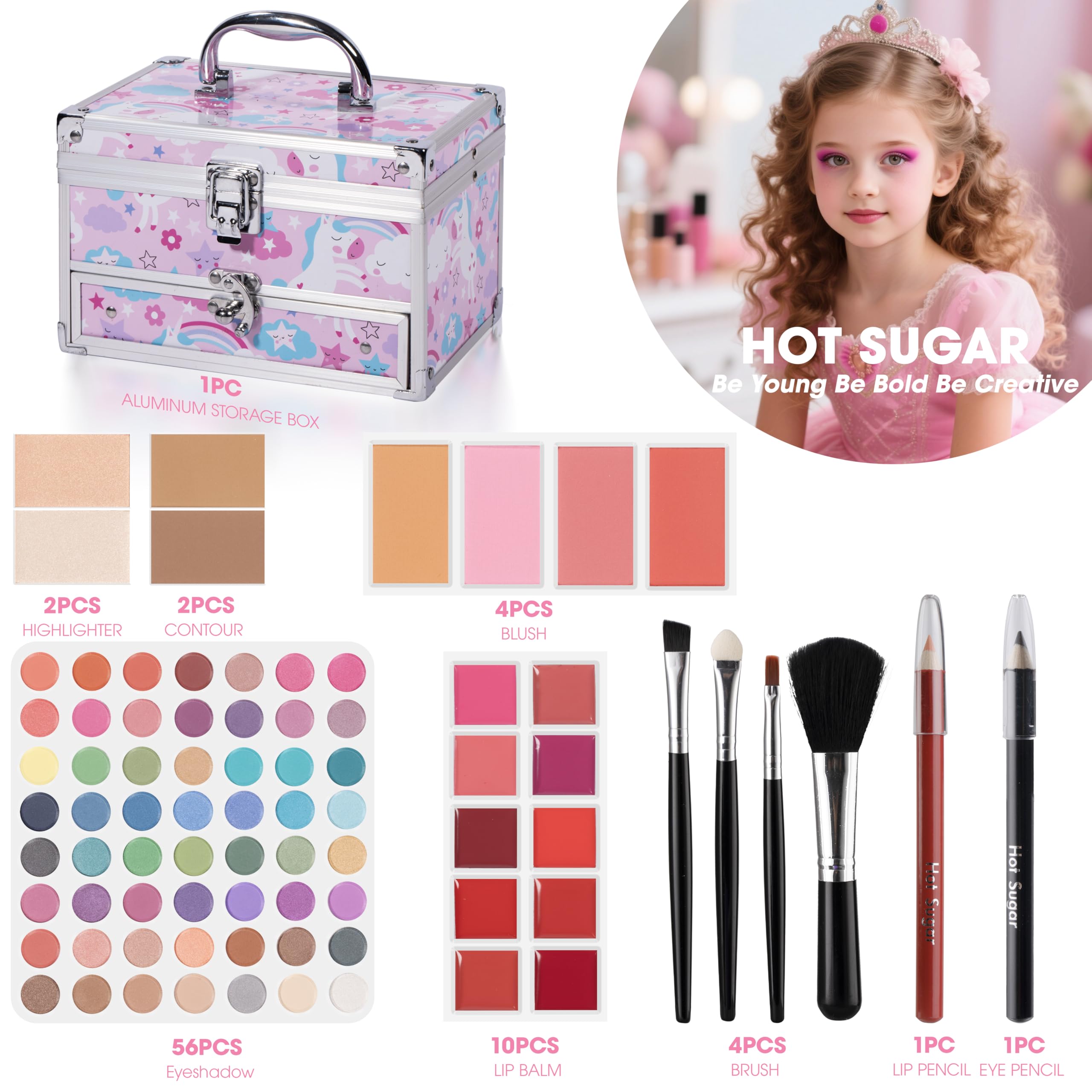 Hot Sugar beginner makeup set brushes neatly arranged, easy to learn essential techniques.