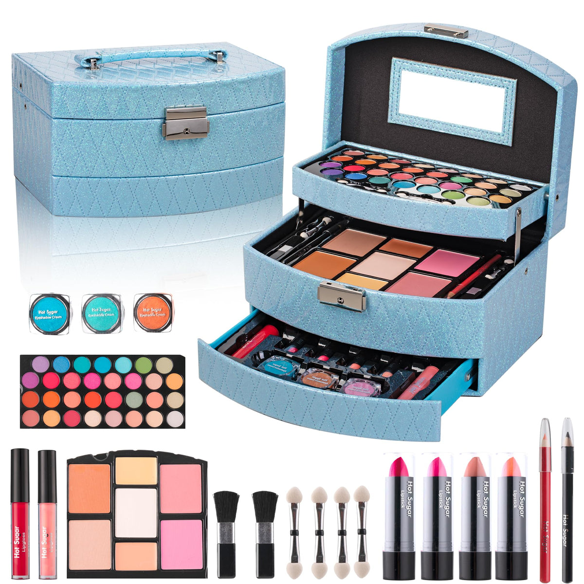 Hot Sugar blue train case closed, stylish storage for teen makeup on the go.