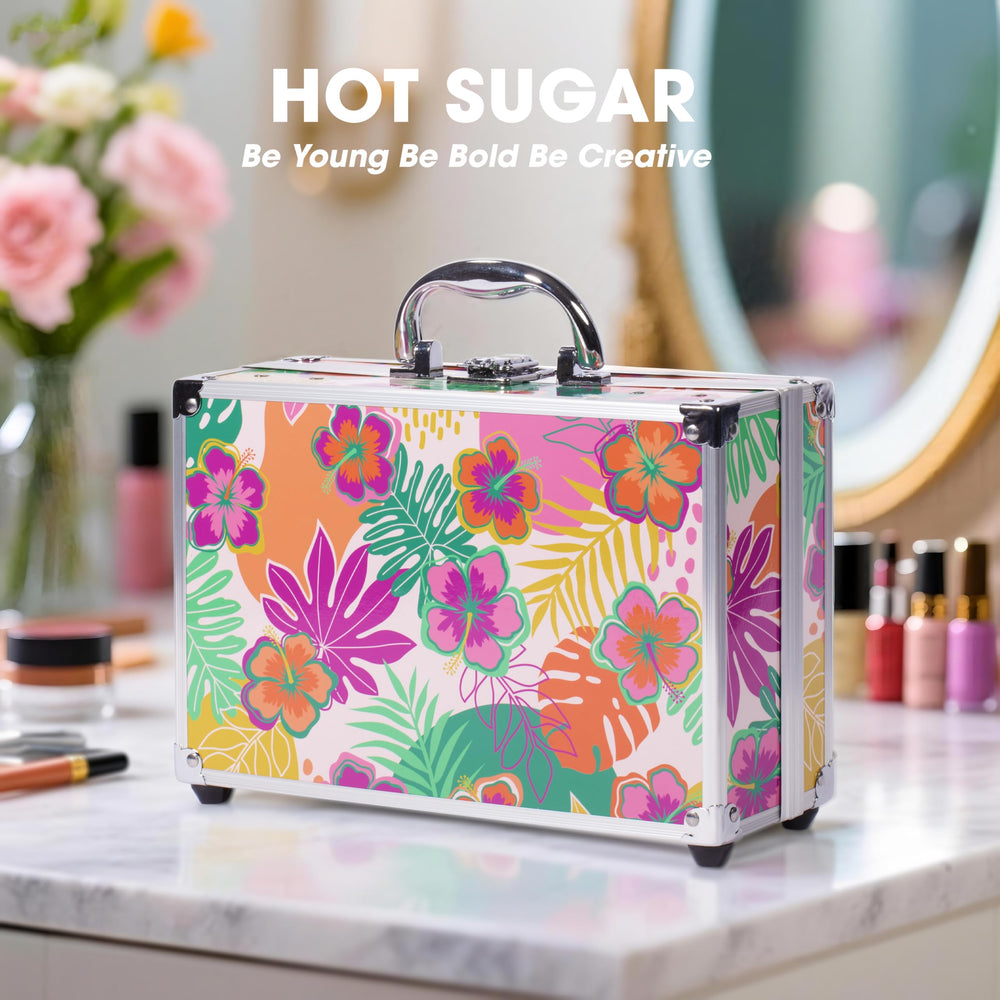 Hot Sugar makeup box front view highlights sturdy, portable design.