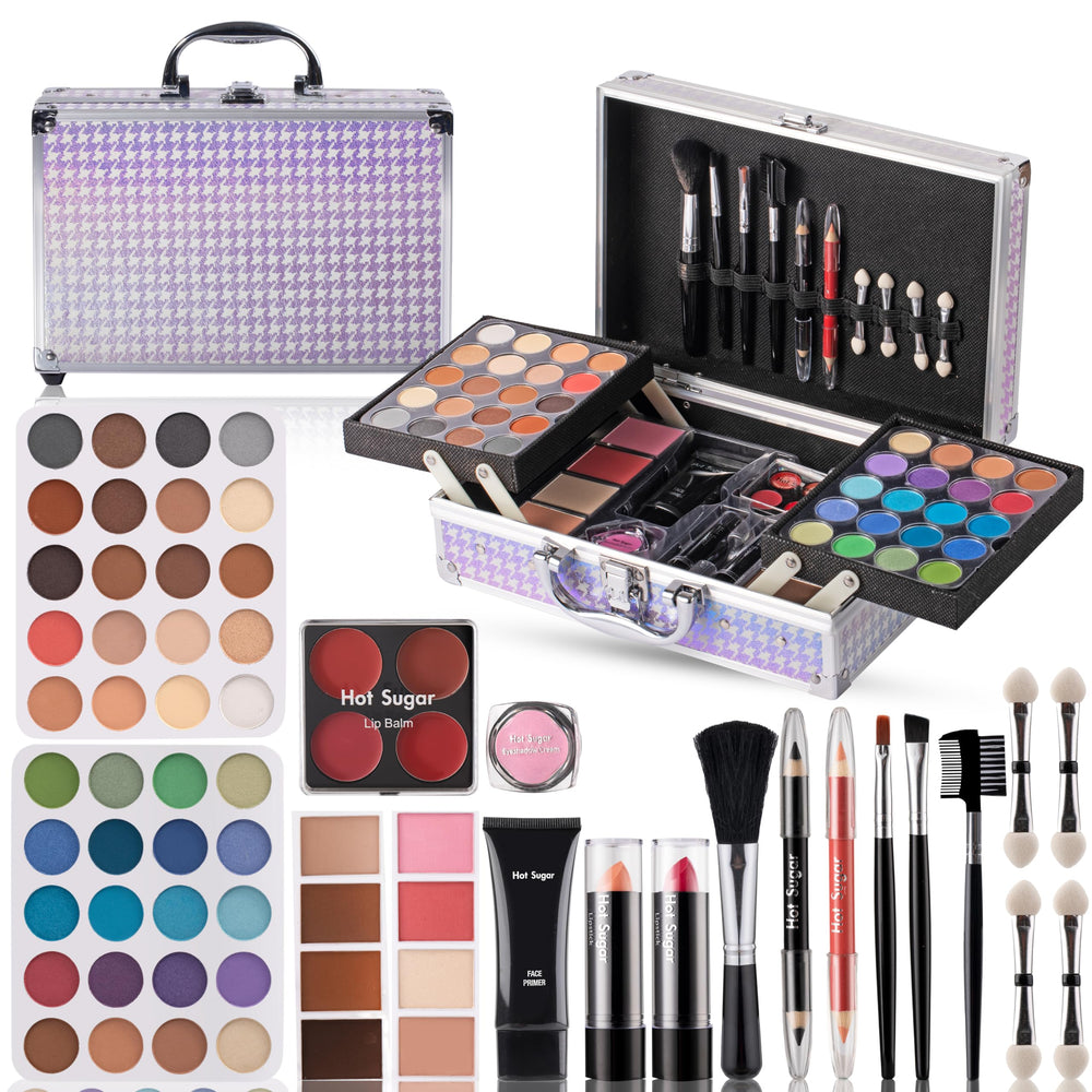 Hot Sugar makeup kit aluminum train case open reveals organized storage for on-the-go touchups.