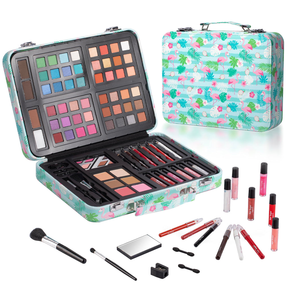 Hot Sugar makeup kit with green flamingo train case offers sturdy, travel-ready storage.