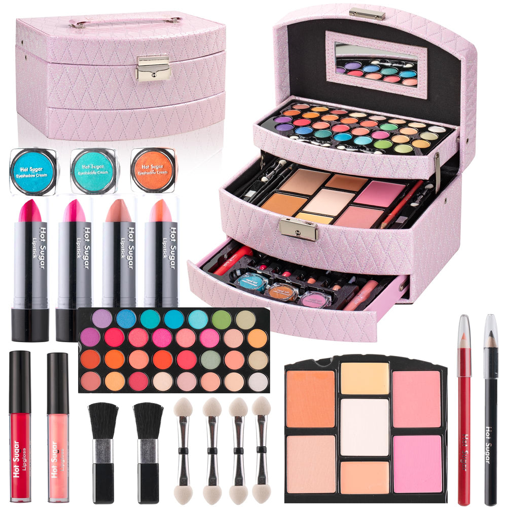 Hot Sugar makeup kit train case open shows beginner-friendly tools and organized storage.