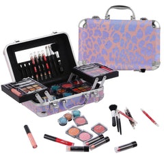 Hot Sugar pink leopard train case opens for portable all-in-one makeup storage.