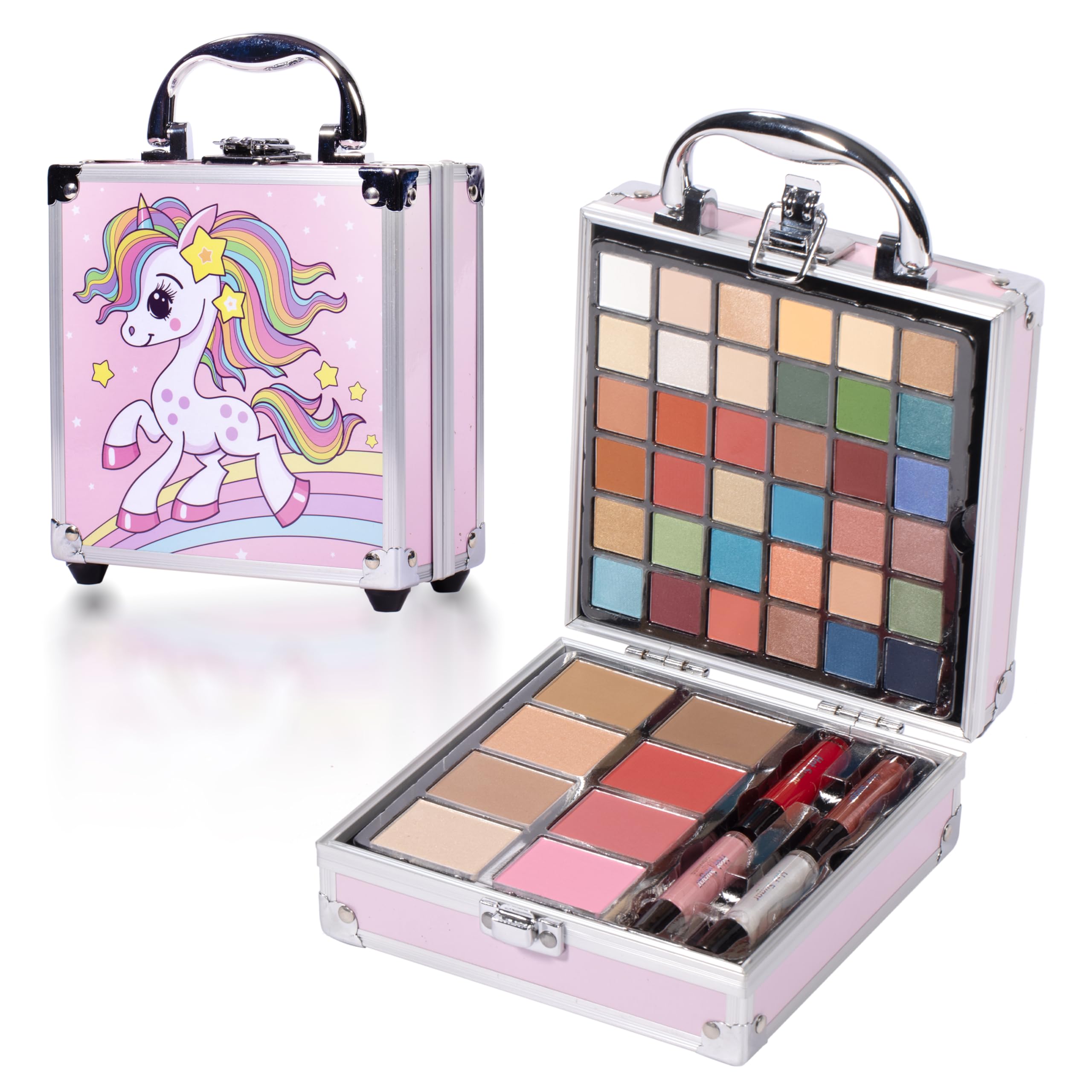 Hot Sugar pink unicorn train case holding kids makeup for sleepovers and travel.