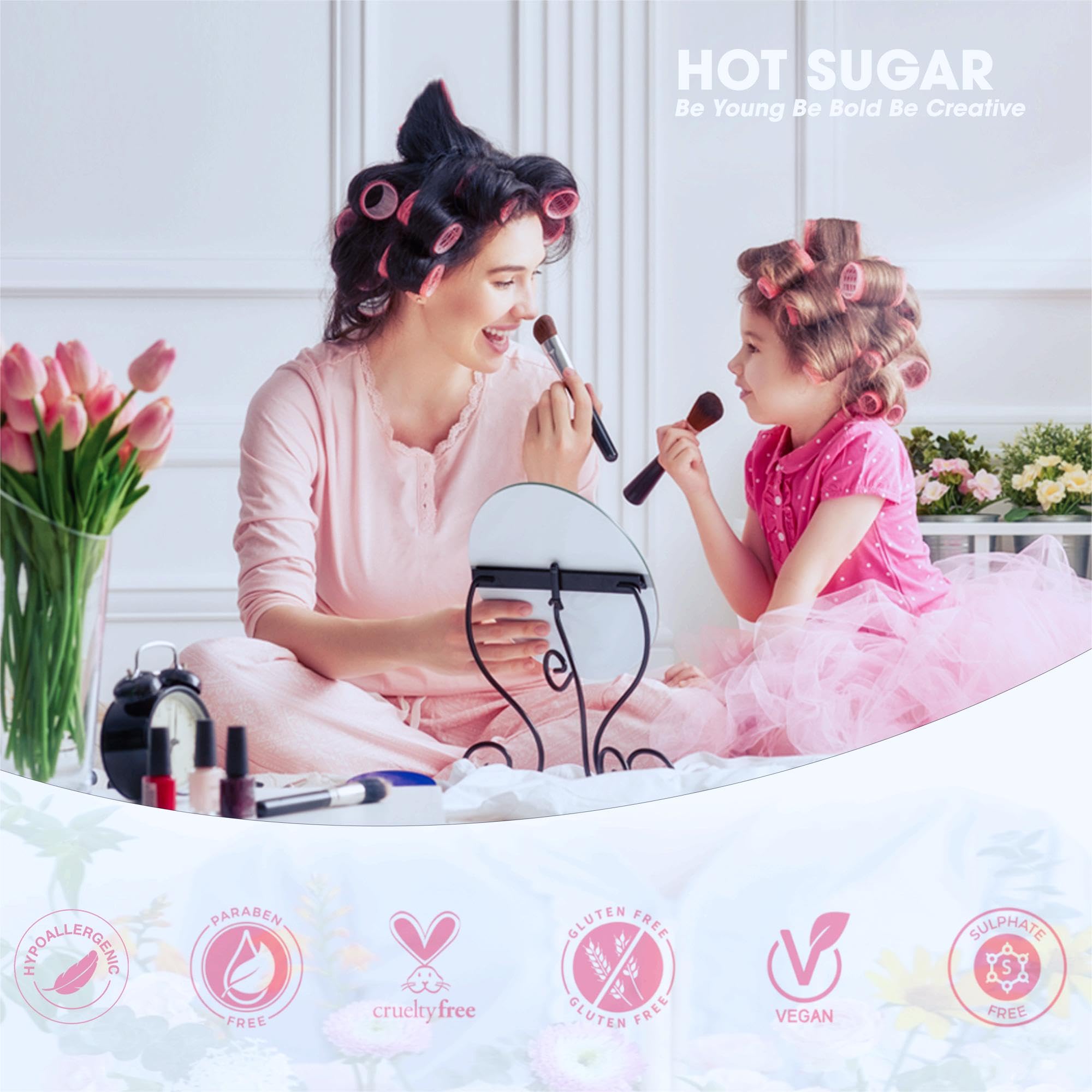 Hot Sugar safe kids makeup collection label emphasizing hypoallergenic and fragrance-free formulas.