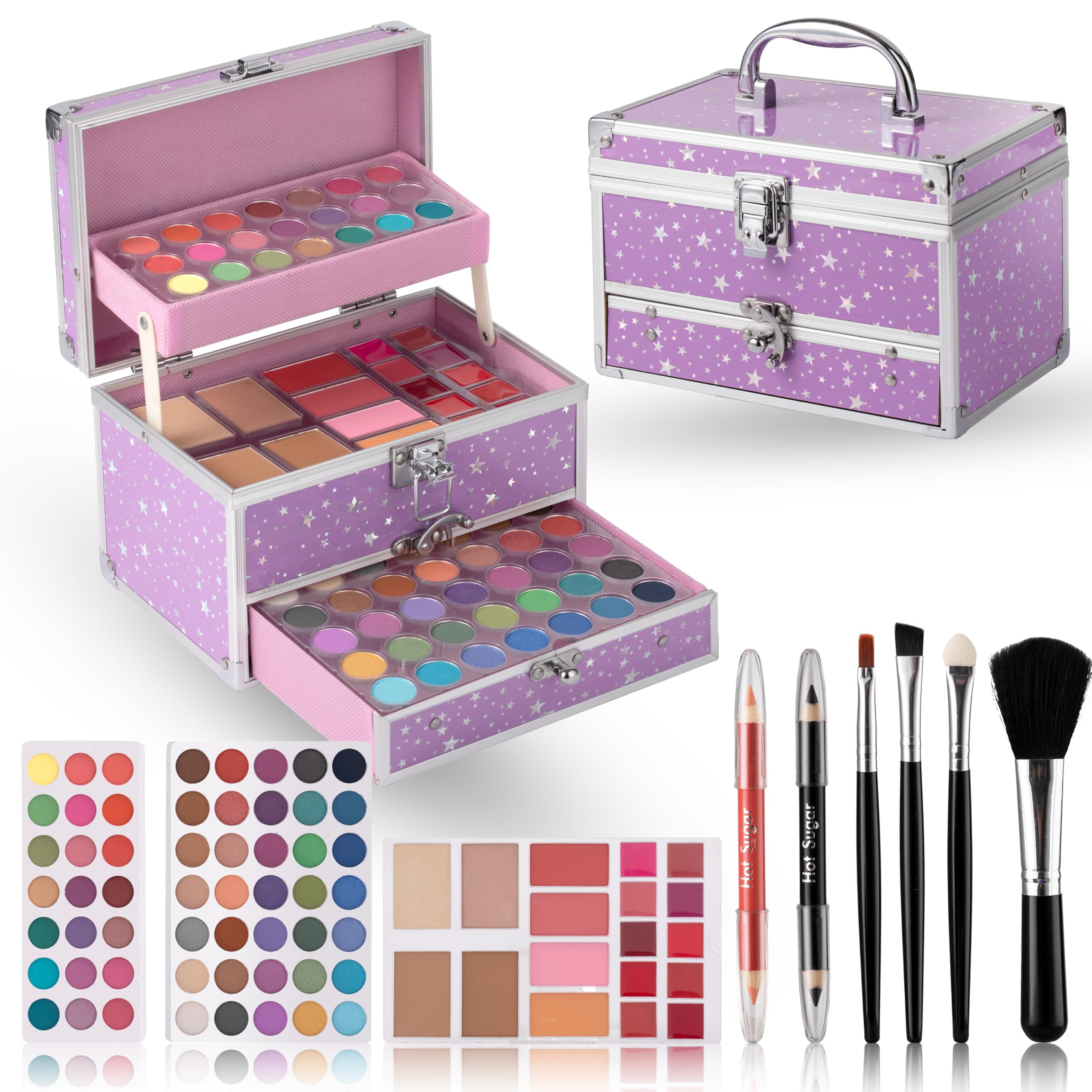 Hot Sugar teens makeup kit open in purple train case for easy on-the-go organization.
