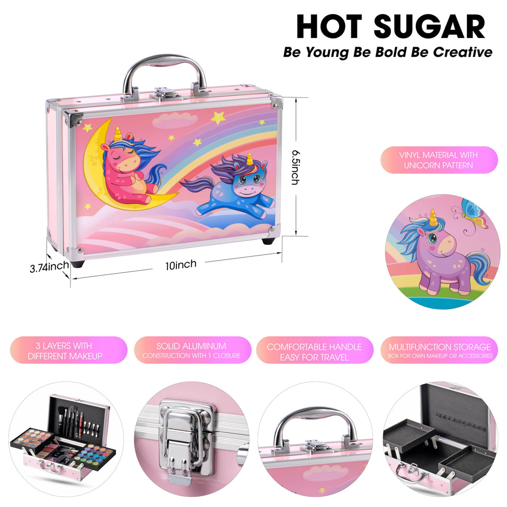 Hot Sugar unicorn makeup train case open reveals roomy interior for organizing colors