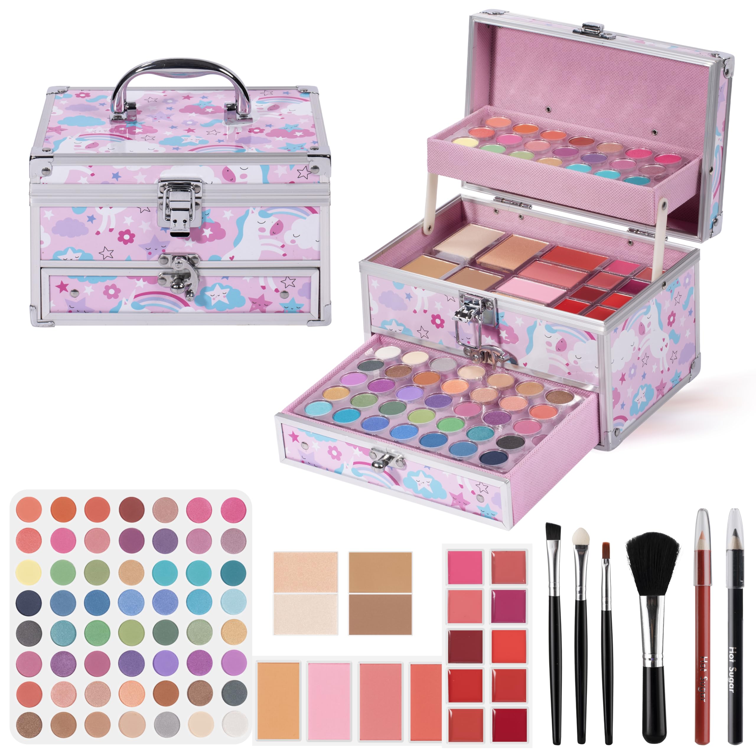 Hot Sugar unicorn train case open with teen makeup kit, perfect for on-the-go touch-ups.