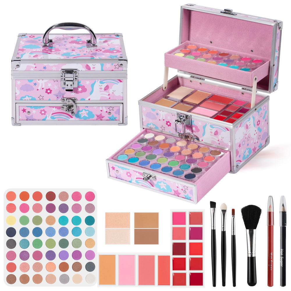 Hot Sugar unicorn train case open with teen makeup kit, perfect for on-the-go touch-ups.