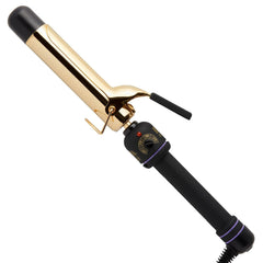 Hot Tools 24K gold curling iron barrel close-up showing defined curls and shine.