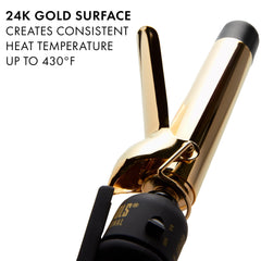 Hot Tools 24K gold curling iron glow heat visuals underscore fast heat-up for quick look.