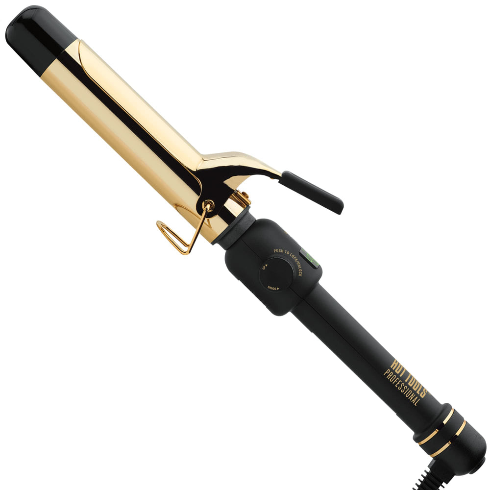 Hot Tools 24K Gold digital curling iron front view shows even heat for consistent curls.