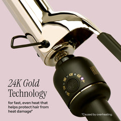 Hot Tools 24K Gold Extended Barrel curling iron heat settings display for precise styling.