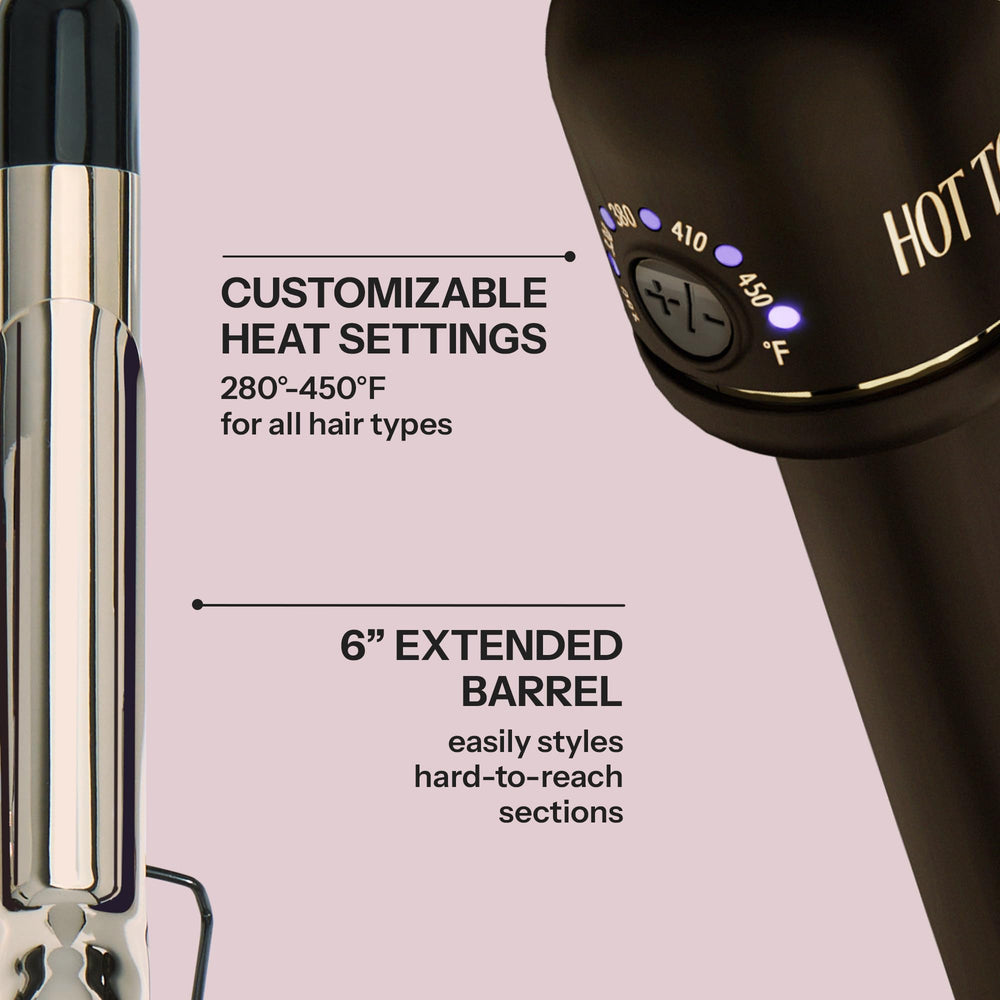 HOT TOOLS extended-barrel-in-use delivering easier access to back sections and longer looks