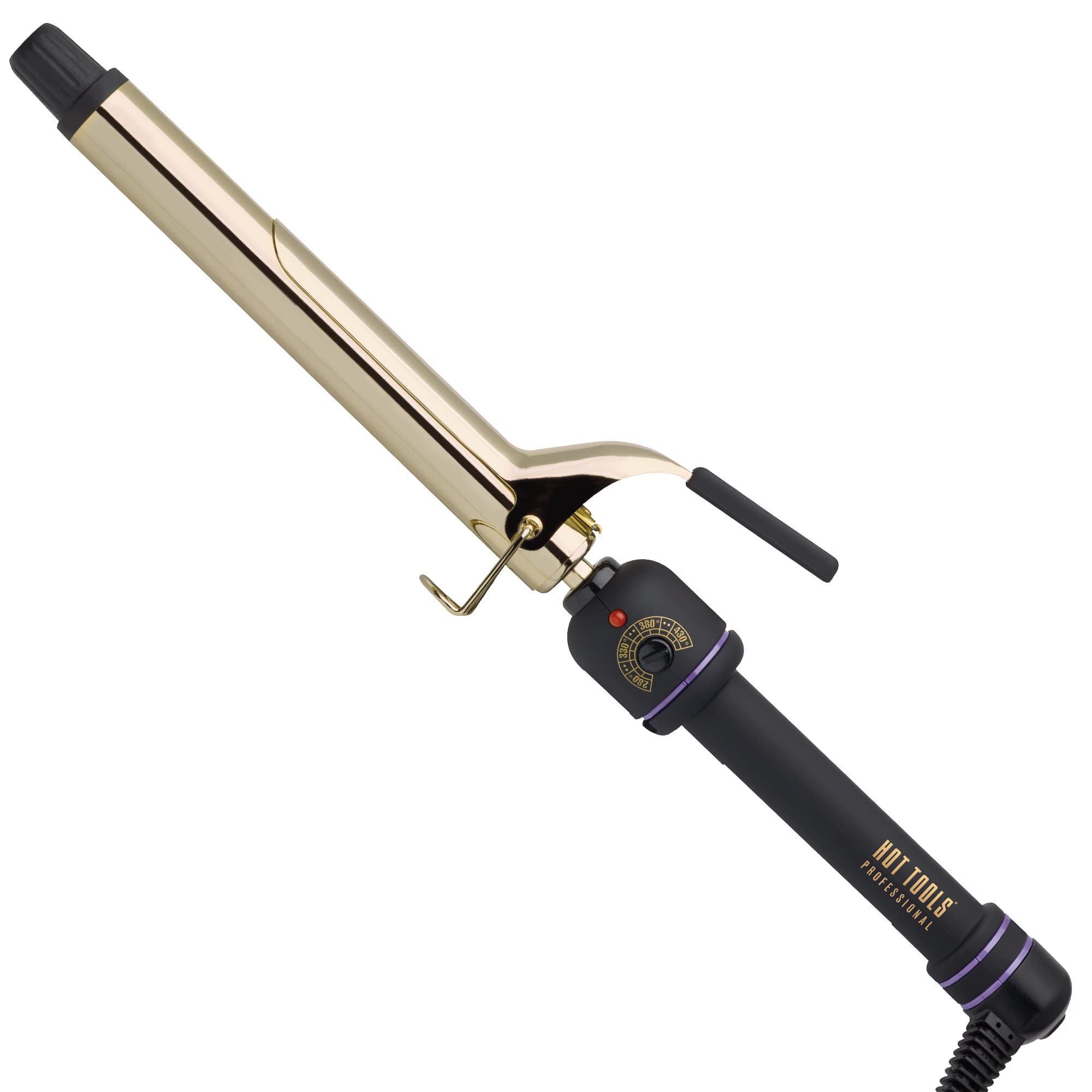 Hot Tools Pro Artist 24K Gold curling iron barrel close-up shows defined curls
