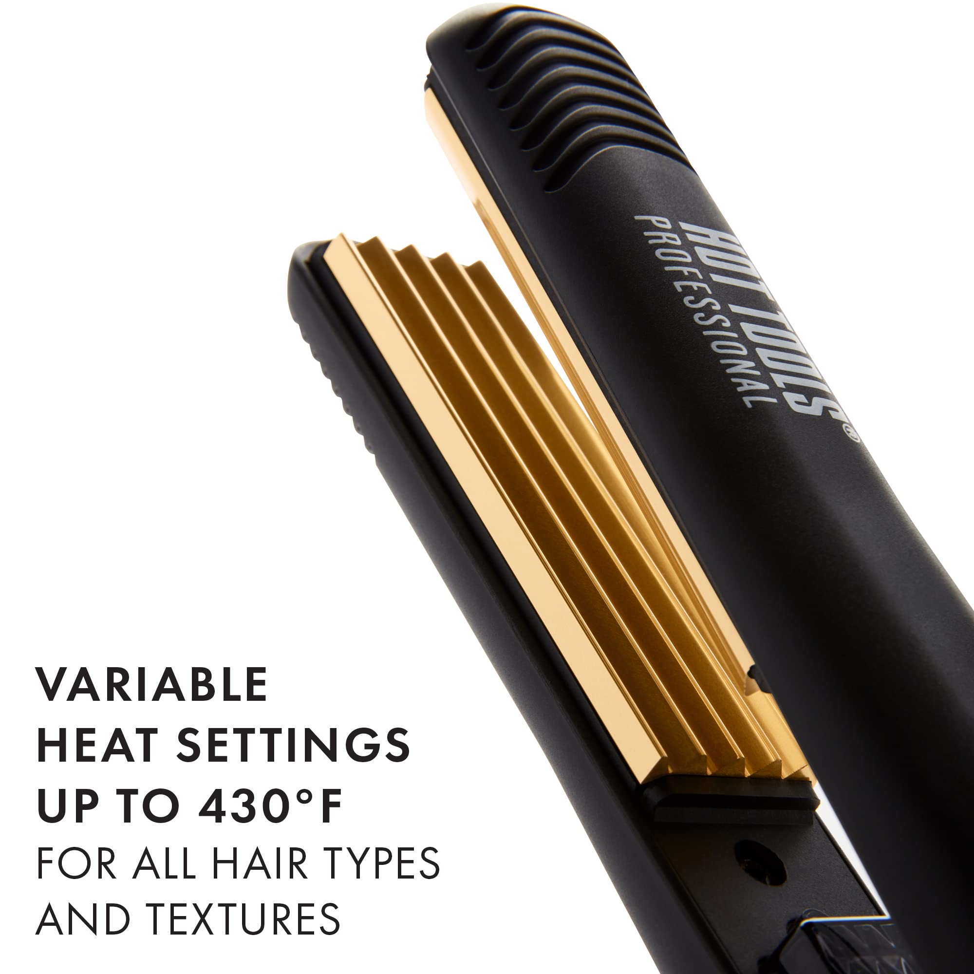 Hot Tools Pro Artist 24K Gold Crimping Iron heat dial shows adjustable heat up to 430 degrees Fahrenheit