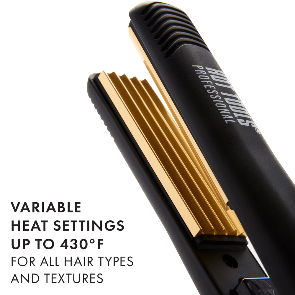 Hot Tools Pro Artist 24K Gold Crimping Iron heat dial shows adjustable heat up to 430 degrees Fahrenheit
