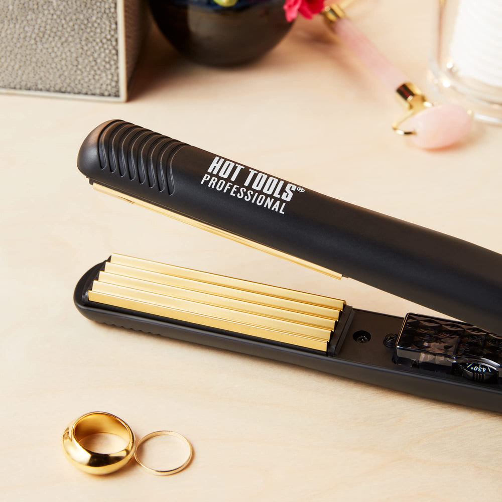 Hot Tools Pro Artist 24K Gold Crimping Iron in use creating gentle waves and volume
