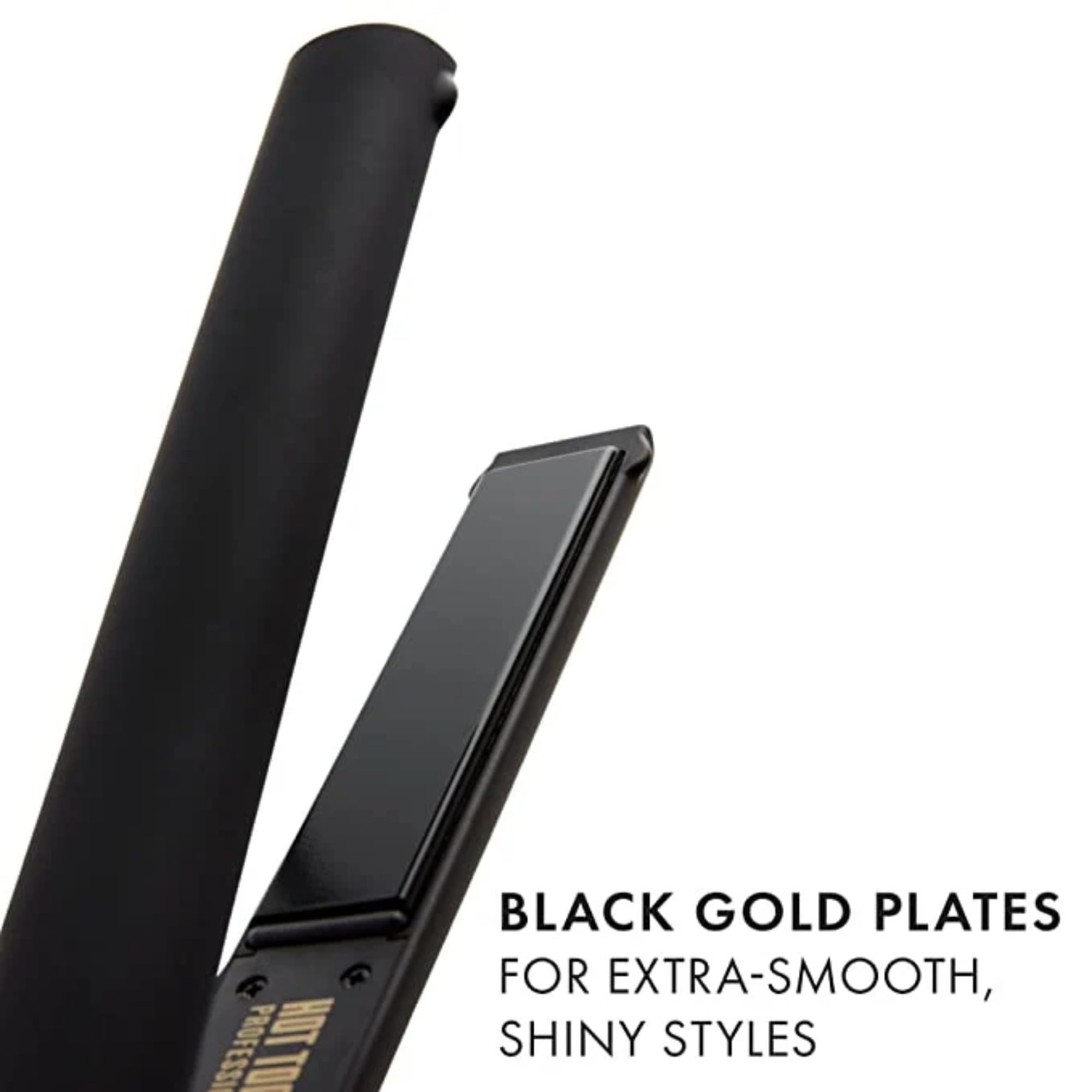Hot Tools Pro Artist Black Gold 1in flat iron rounded edges enable curling and beach waves.
