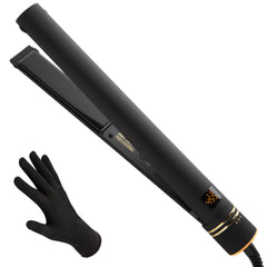 Hot Tools Pro Artist Black Gold 1in flat iron top view highlights precise straightening for glossy hair.
