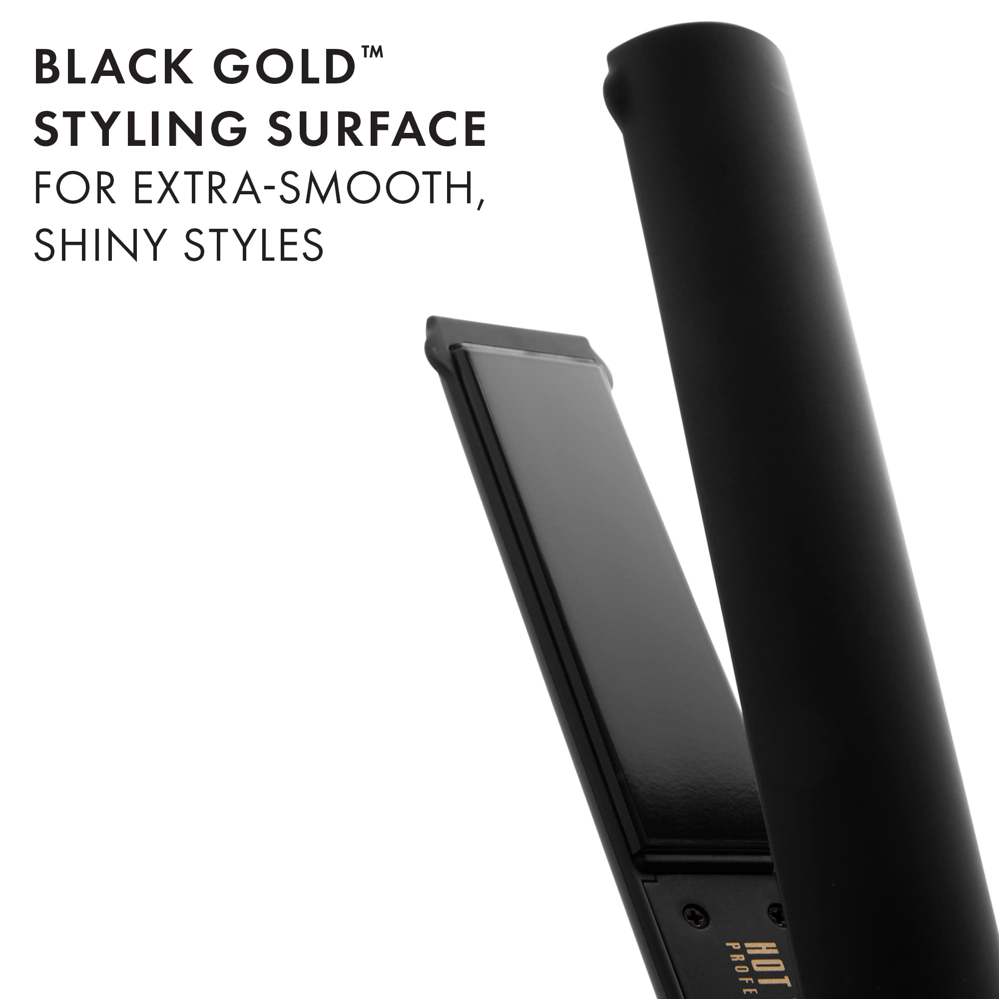 HOT TOOLS Pro Artist Black Gold Ionic flat iron digital display shows precise temperature control.