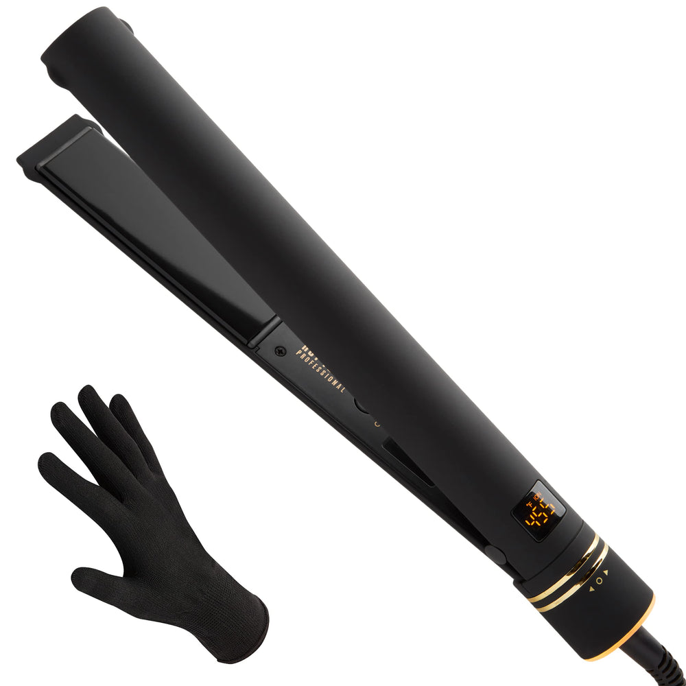 HOT TOOLS Pro Artist Black Gold Ionic flat iron close-up plate for smooth styling.