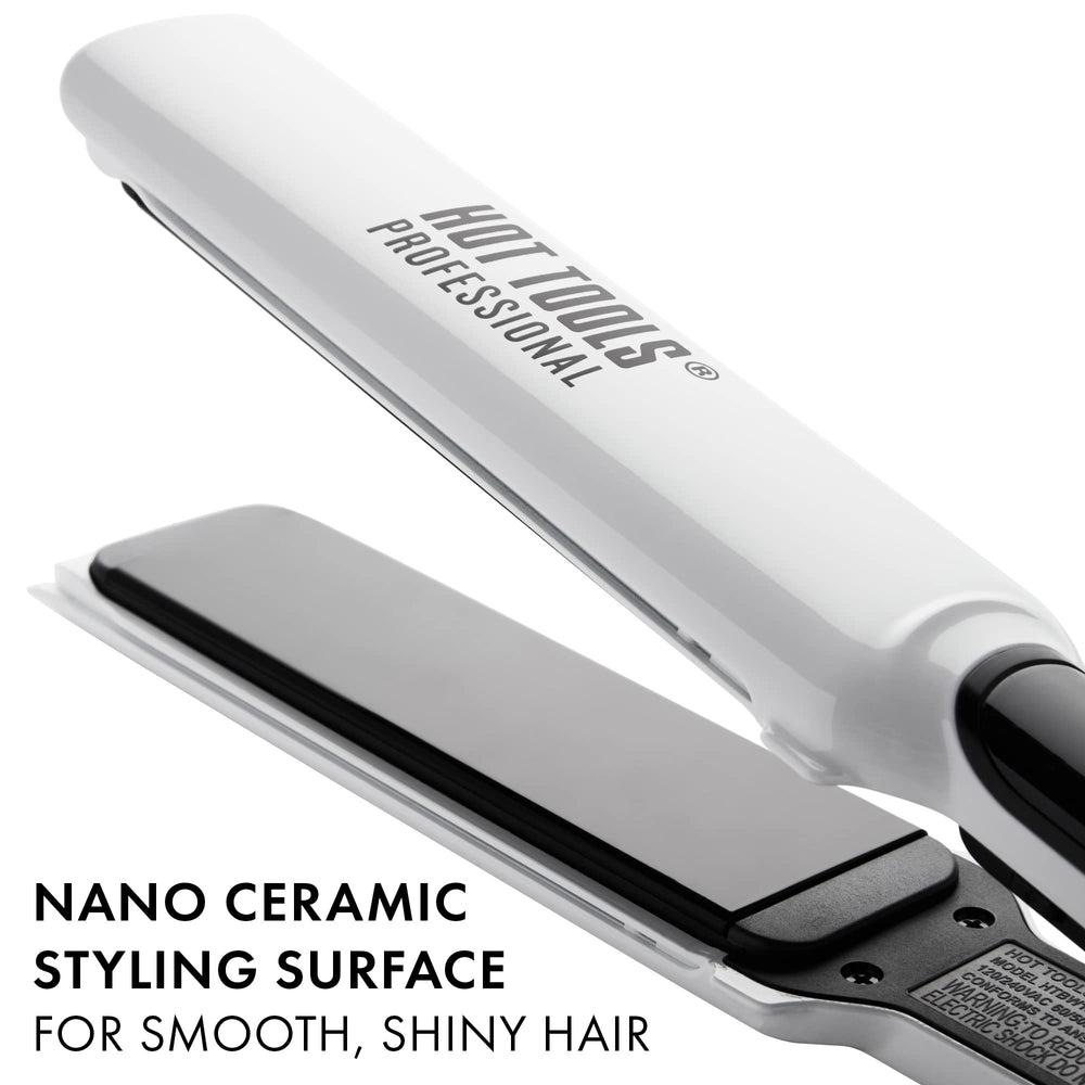 In-use Hot Tools Pro Artist Nano Ceramic Flat Iron straightening hair for sleek look