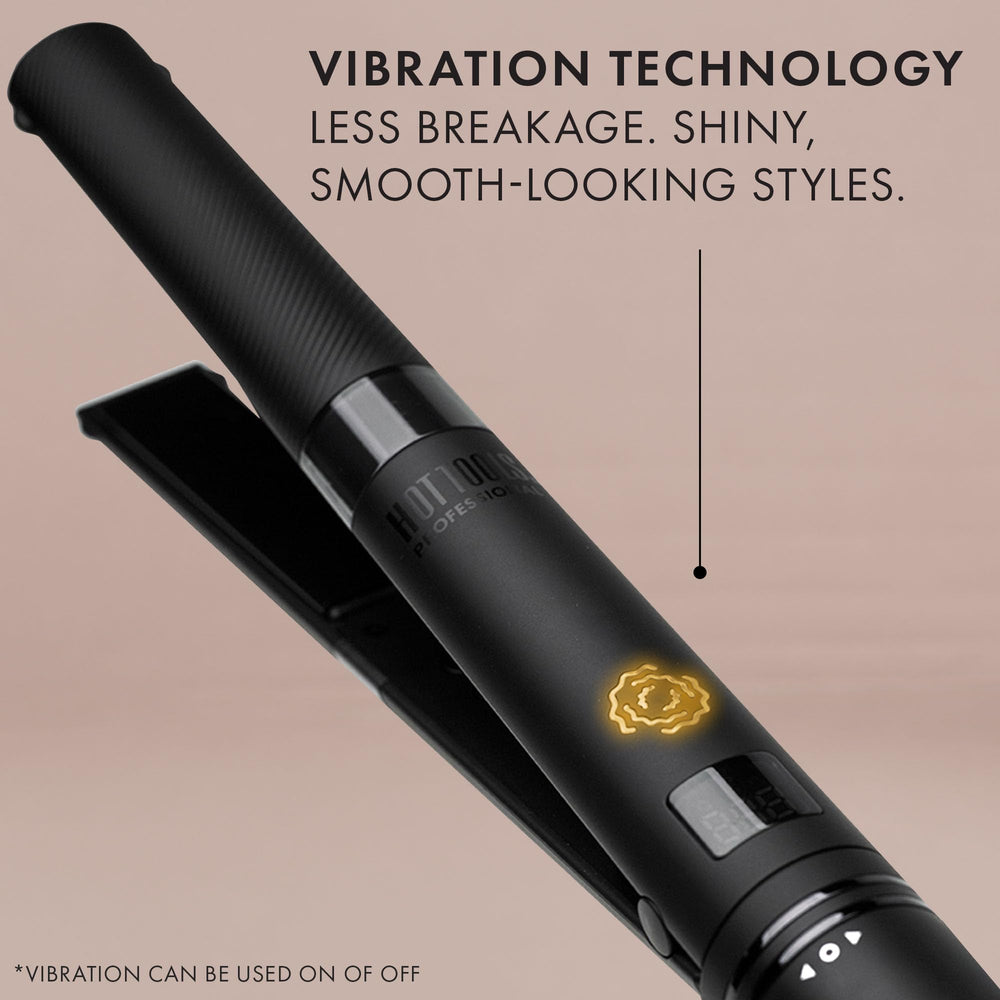 Hot Tools Pro Artist SmoothWave flat iron demonstrates vibration technology for glide-through styling