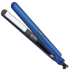 Hot Tools Radiant Blue flat iron on desk showing 1-inch plates for quick straightening.
