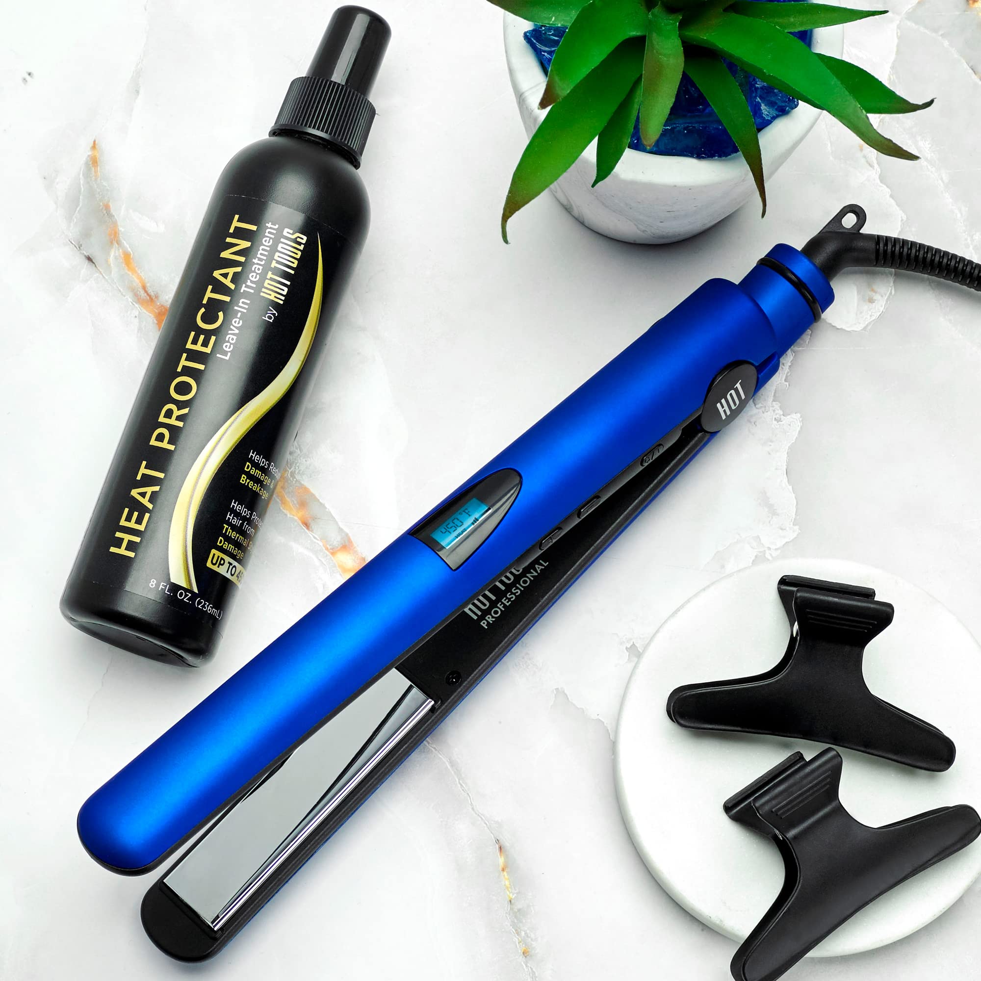 Ergonomic soft-touch handle of Hot Tools Radiant Blue flat iron for comfortable use.