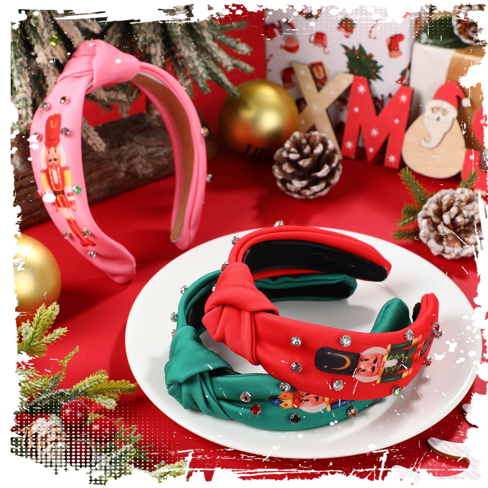 Hoteam multicolor rhinestone detail on headband adds festive flair for Christmas outfits.